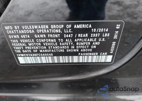 2015 Volkswagen Passat 2.0L Tdi Sel Premium from USA, damaged, VIN 1VWCV7A35FC040045